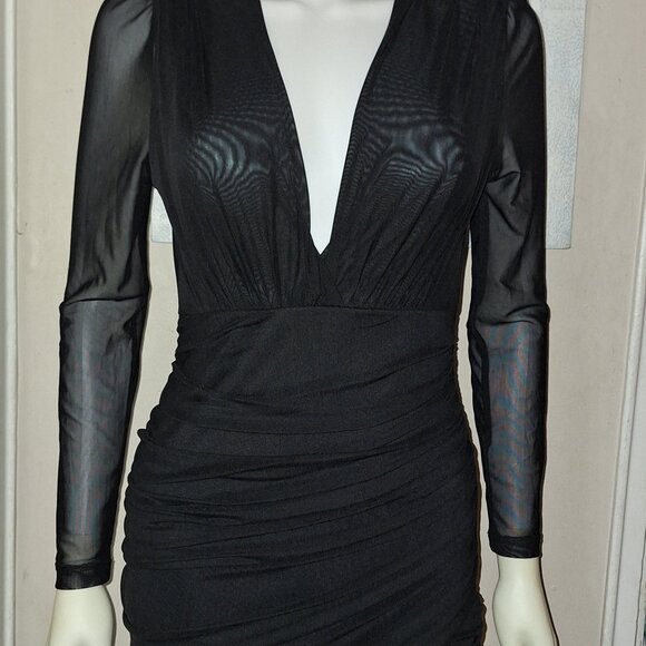 Mesh Long Sleeve Deep V Mini Dress - Picture 2 of 6